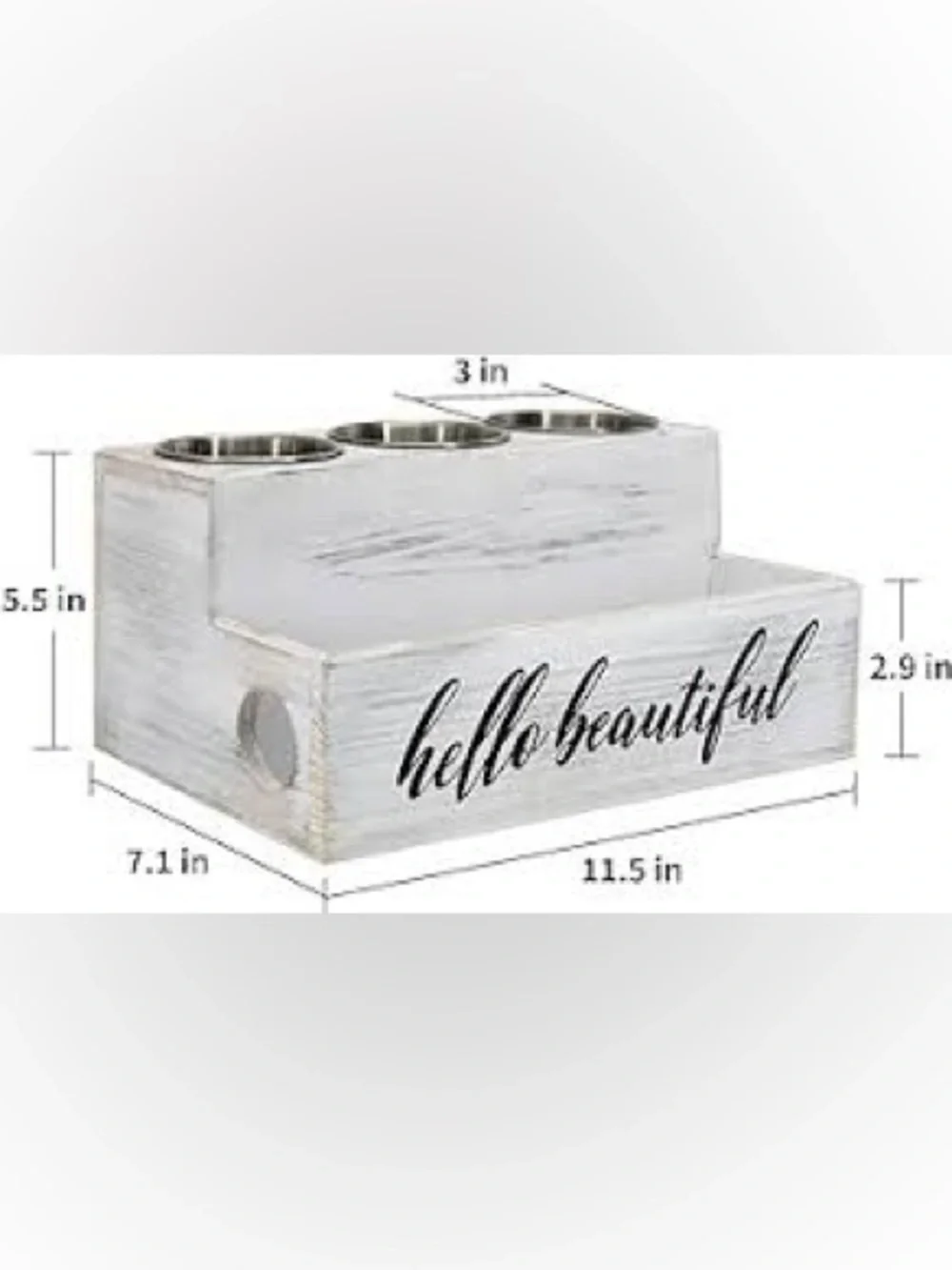 Hello Beautiful White Rustic Wood Organizer with 3 Stainless Cups